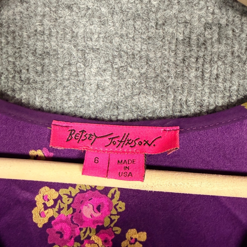 Betsey Johnson Size 6 Tiered Midi Shift Dress Purple Brown Silk Floral V Neck - Picture 7 of 10